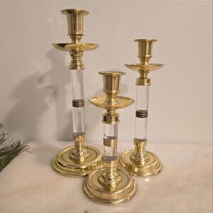Ethan Allen Vintage MCM Brass & Lucite Candlestick Holders Set of 3